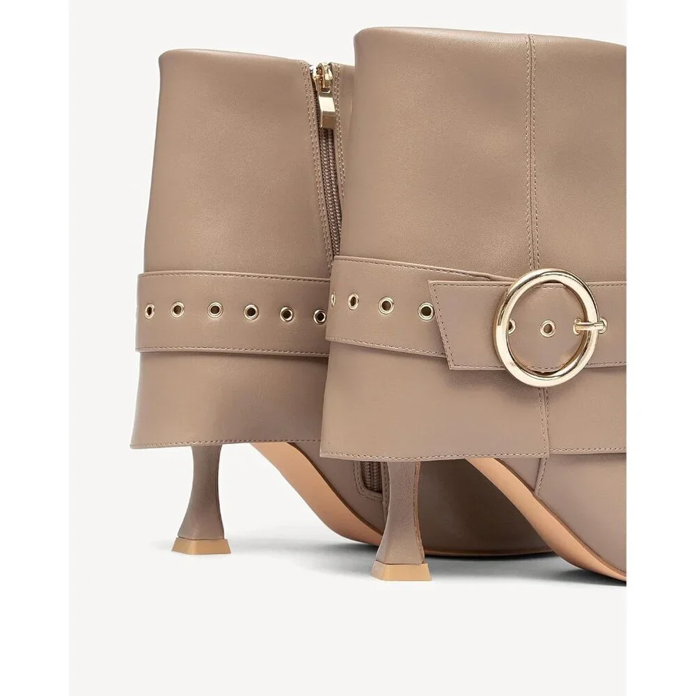 Women's Apricot Pointed Toe Ankle High Heel Short Booties With Gold Buckle Strap